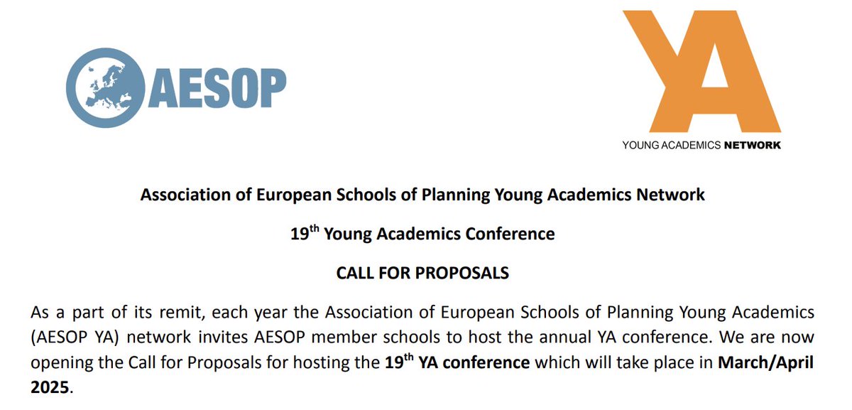 DEADLINE EXTENDED | Call for Proposals to host the 19th AESOP YA Conference taking place in March/April 2025 (deadline Feb 14)! More information: aesop-youngacademics.net/news/ya-news/d…