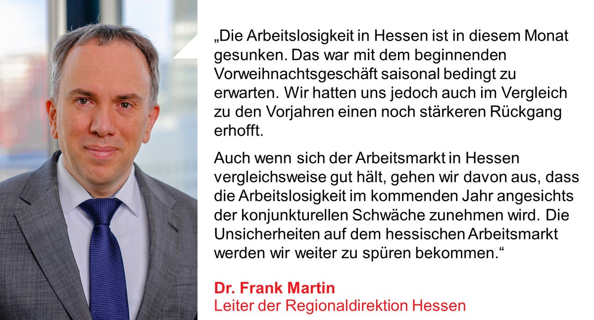 Der #Arbeitsmarkt in #Hessen startete mit einem Anstieg der Arbeitslosenzahlen in das neue Jahr. Saisontypisch stieg die Arbeitslosigkeit auf rund 194.700 (+6,4 Prozent)
➡️Unsere Presseinfo: arbeitsagentur.de/vor-ort/rd-h/p…
➡️Zahlen zum Arbeitsmarkt im Januar 2024: statistik.arbeitsagentur.de