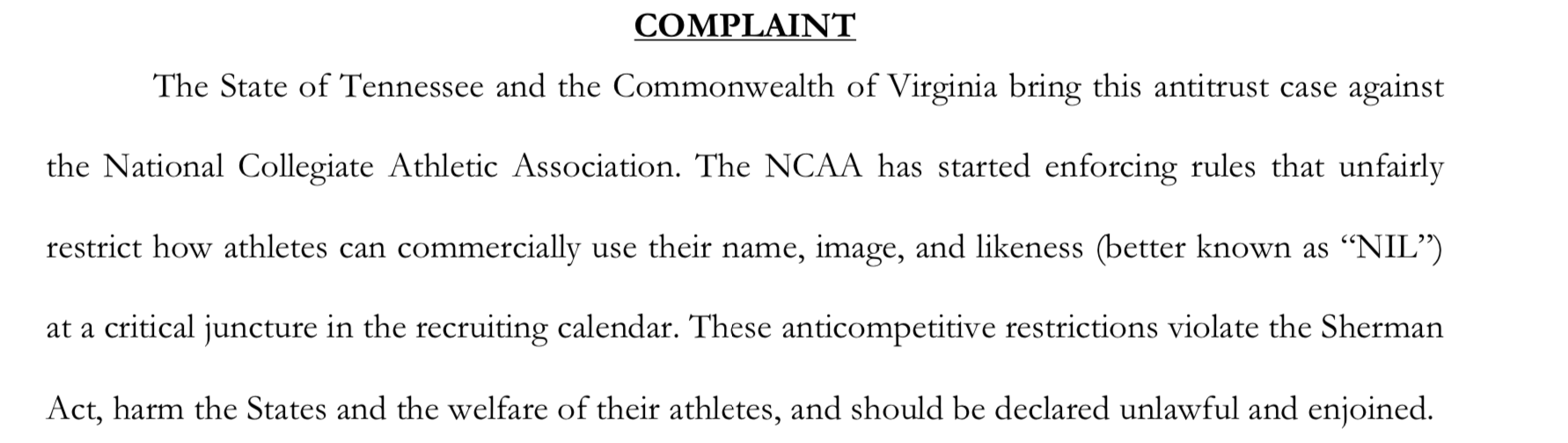 Ross Dellenger on X: "Tennessee &. Virginia AGs filed their complaint in  the US District Court for the Eastern District of Tennessee this morning.  It's 20 pages long. Here is the summation