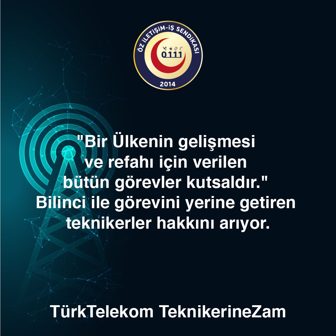 "Bir Ülkenin gelişmesi ve refahı için verilen bütün görevler kutsaldır."  Bilinci ile görevini yerine getiren 
teknikerler hakkını arıyor.

TürkTelekom TeknikerineZam
<a href="/umitonaltr/">Ümit Önal</a>  <a href="/TurkTelekom/">Türk Telekom</a>  <a href="/UABakanligi/">T.C. Ulaştırma ve Altyapı Bakanlığı</a>