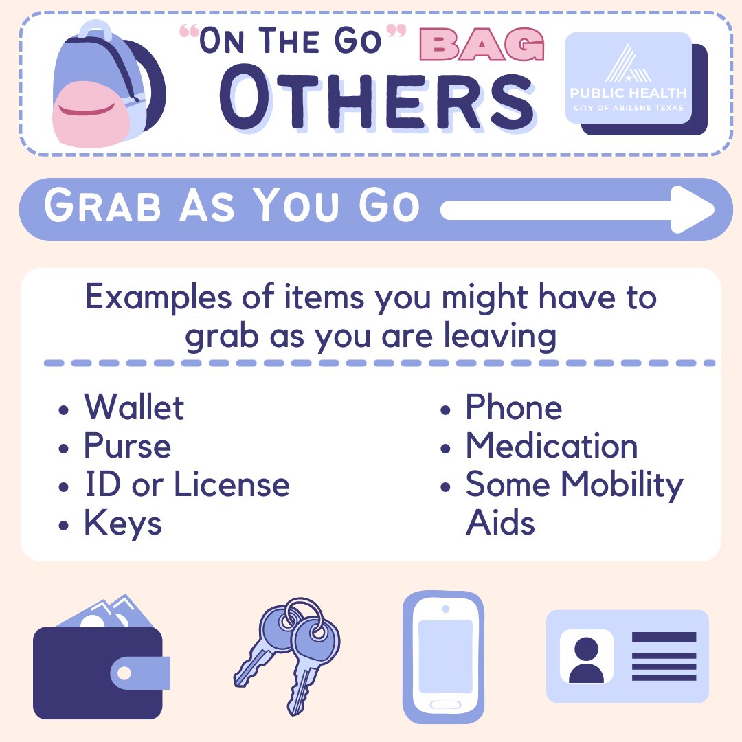AbileneHealth's tweet image. Everything is individualized in a Go Bag, which also means some items must be grabbed on the go! Keep all these in mind for your go bag. #GoBag #BugOutBag #ReadyBag #EmergencyPreparedness #CommunityPreparedness #HealthyHabits #ATCPHD