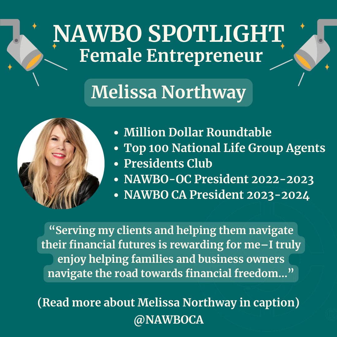 🌟NAWBO SPOTLIGHT!🌟

When Melissa is not serving her clients, you can find her working on children's books, enjoying nature walks and spending time with her family.🌱

#NAWBO #NAWBOCA #WomanEntrepreneurs #WomeninBusiness #WomenSupportingWomen
