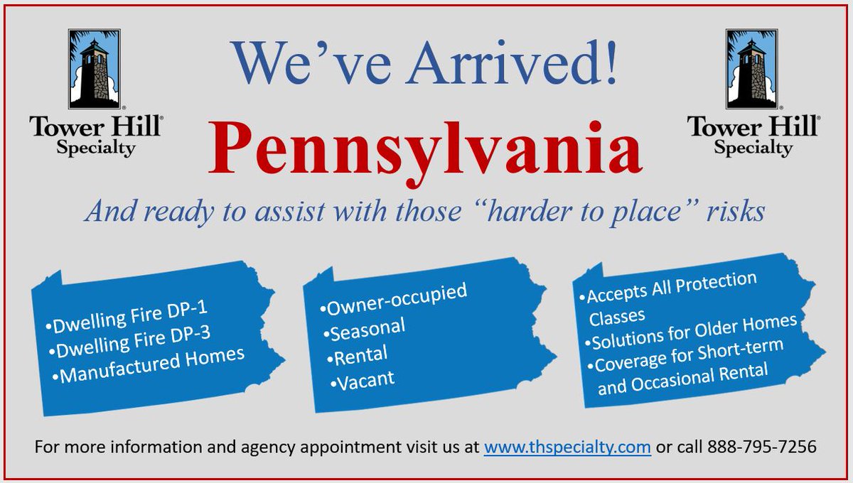 THSpecialty's tweet photo. Tower Hill Specialty is pleased to announce our expansion into Pennsylvania. 
It's an exciting time as we continue to grow and provide the best products and services in the industry.
Contact us at https://t.co/AQrWMdizk8 to learn more. https://t.co/n06Zs2AQkC