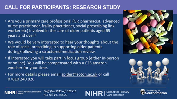 Primary Care Research Centre (@uos_primarycare) on Twitter photo The SPiDER (Social Prescribing in Deprescribing Roles) study is open for recruitment! Are you a primary care professional involved in the care of patients aged 65+? The team are keen to hear your thoughts on social prescribing. <a href="/DrKindaIbrahim/">Dr Kinda Ibrahim</a> <a href="/drsaramck/">Sara McKelvie</a> <a href="/EloiseRadcliffe/">Dr Eloise Radcliffe</a> The SPiDER (Social Prescribing in Deprescribing Roles) study is open for recruitment! Are you a primary care professional involved in the care of patients aged 65+? The team are keen to hear your thoughts on social prescribing. <a href="/DrKindaIbrahim/">Dr Kinda Ibrahim</a> <a href="/drsaramck/">Sara McKelvie</a> <a href="/EloiseRadcliffe/">Dr Eloise Radcliffe</a>