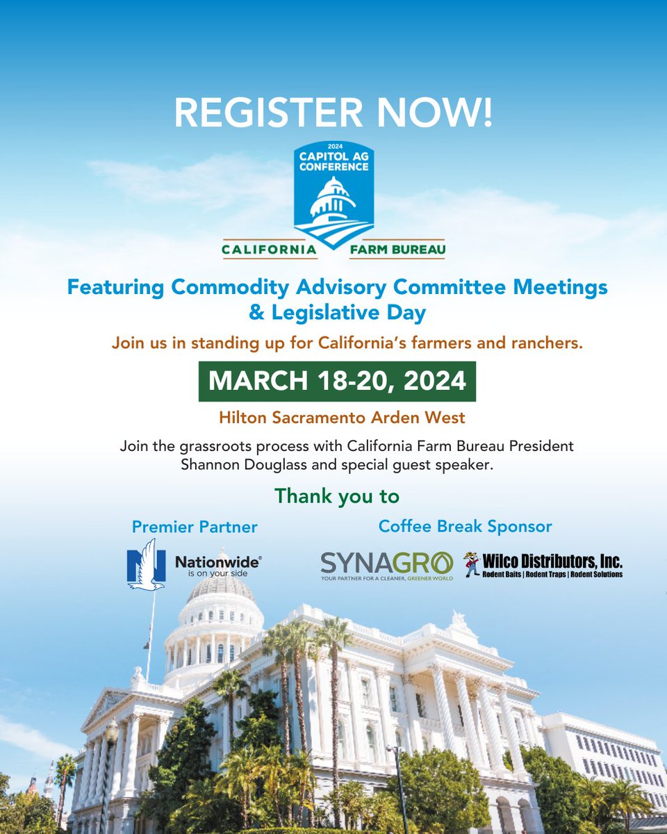 CAFarmBureau's tweet image. Registration for the 2024 Capitol Ag Conference is now open!

Join us in Sacramento March 18-20 to hear how California Farm Bureau is working on your behalf to secure policies favorable to farming and ranching operations. 

Learn more and register at cfbf.com/capitol-ag