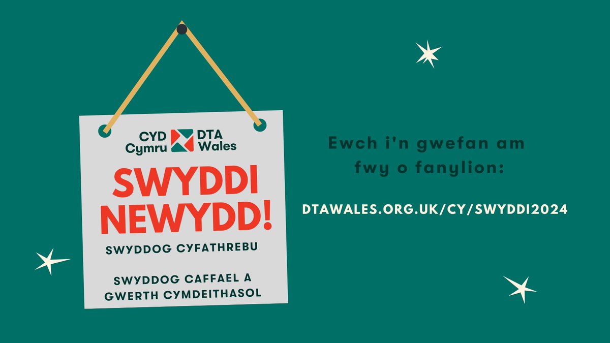 Swyddi newydd! Mae gennym ddau gyfle newydd i weithio gyda ni yn CYD Cymru, gan ein helpu i gefnogi cymunedau a busnesau cymdeithasol ledled Cymru. - dtawales.org.uk/cy/swyddi2024/ ✨Rhannwch gyda'ch cysylltiadau a rhwydweithiau ✨