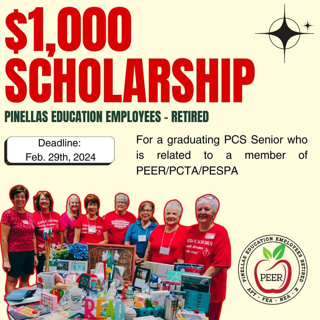 $1,000 scholarship for a graduating Pinellas County Schools senior who is related to a member of PEER/PCTA/PESPA 

Apply by: Feb. 29th, 2024

static1.squarespace.com/static/5f414b2…