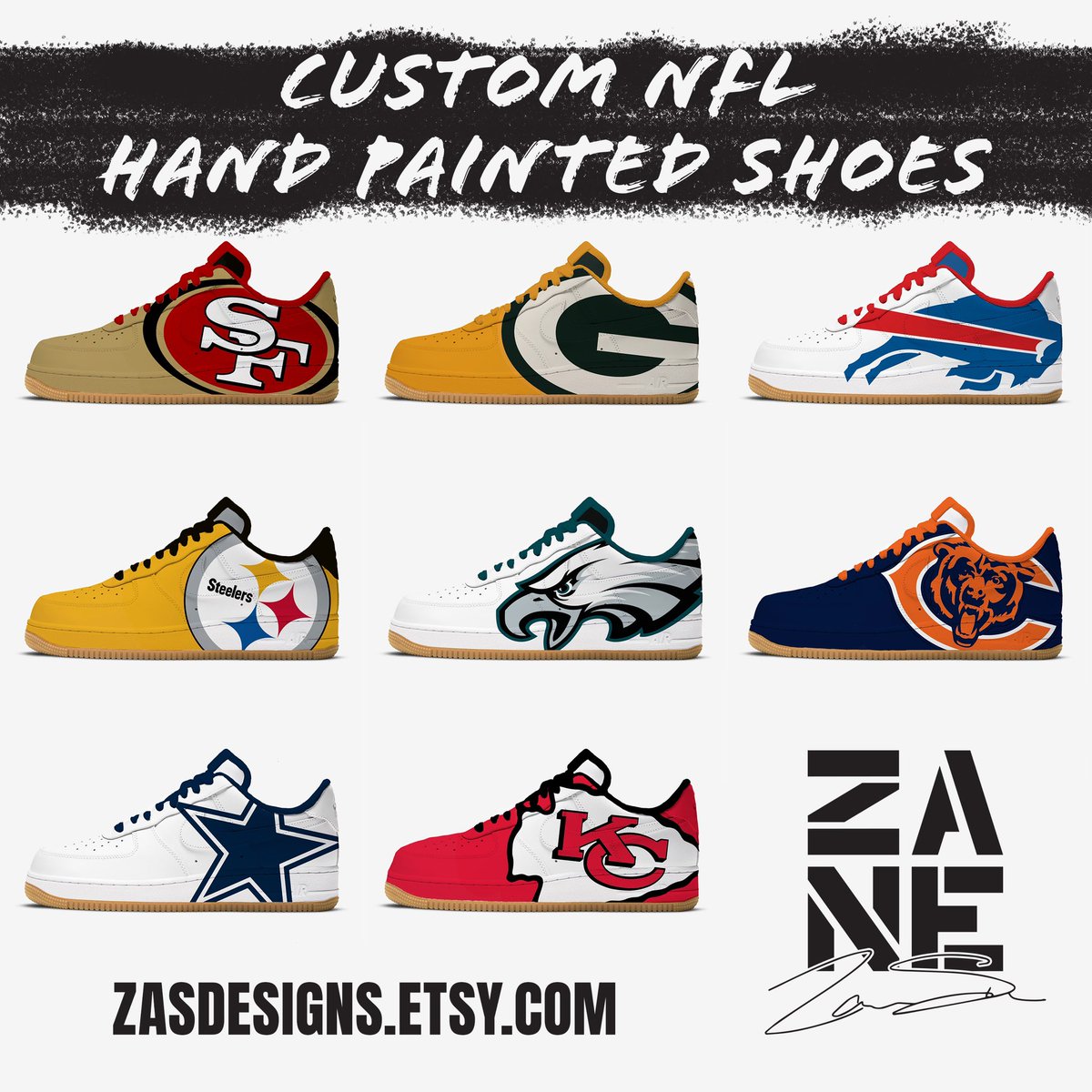 ZaneStatz's tweet photo. 🚨STORE UPDATE🚨 After popular demand I am now offering custom painted NFL shoes for every team! If you are interested please send me a DM or visit my Etsy store https://t.co/lFoXSw1Ik2 #nfl #customshoes https://t.co/pNJ6gS4rY8