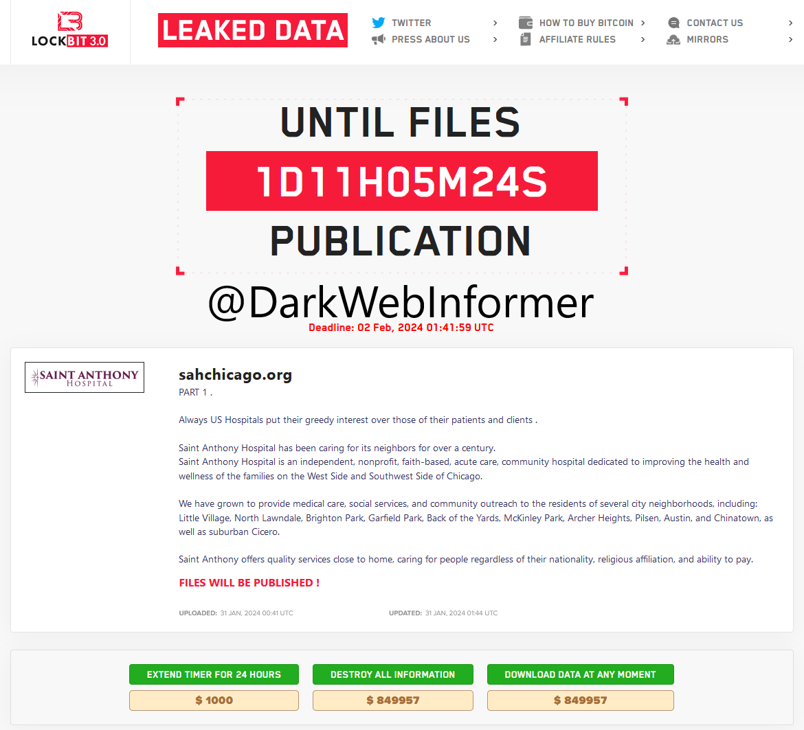 DarkWebInformer's tweet photo. LB needs to go down hard. Why are you ransoming a children's hospital?
Allegedly, #LockBit has named multiple victims.
Threat Actor: LockBit
Ransomware Victim: 2 Victims
Date: 2024-01-31
#Ransomware #StopRansomware #DarkWeb #DarkWebInformer #Leaks #Leaked #Cyberattack #Cybercrime