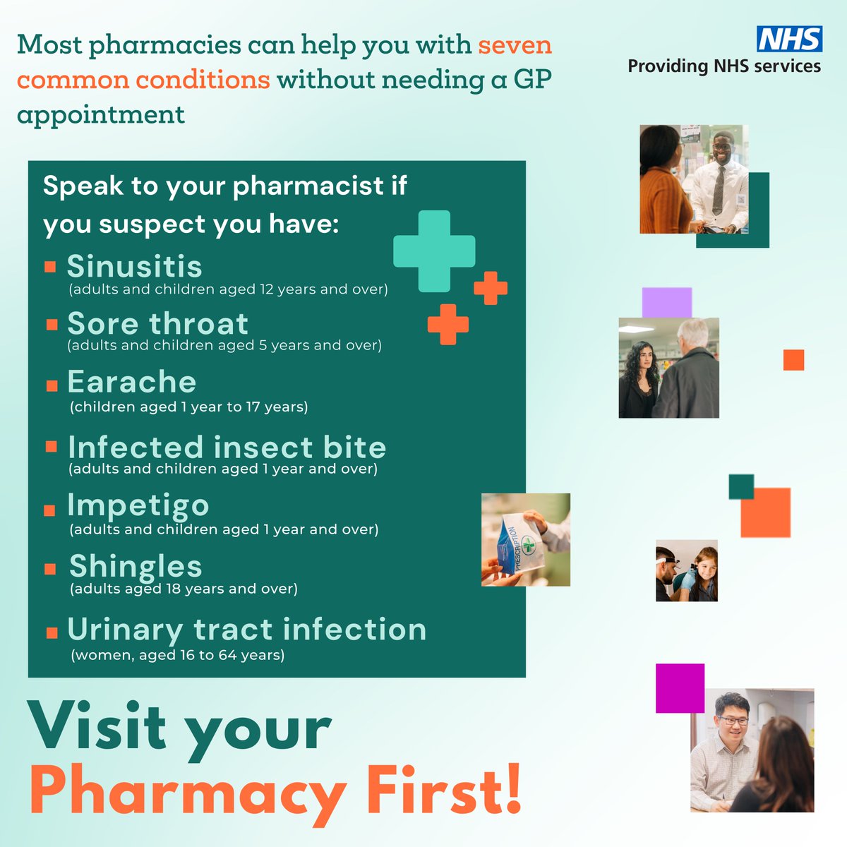 🆘🤔 Need healthcare advice? A NEW service #PharmacyFirst makes it easier to get help! Skip the morning rush to see a GP by visiting your pharmacy if you suspect you have one of seven minor conditions. 🔍 Find the service at a pharmacy near you: bit.ly/3vPV09F #NHS