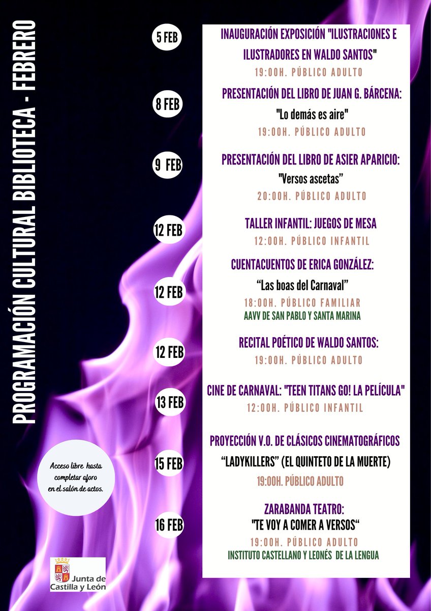 BiblioPalencia's tweet photo. ‼️ Ya está aquí la #agenda de #actividades de #febrero en @BiblioPalencia, con toda la programación de #Carnaval, exposiciones, talleres infantiles, teatro, cine, recital poético, presentaciones de libros, encuentros literarios y mucho más.

Toma nota y no te pierdas nada 🤗#VEN https://t.co/xxUuoA1uJ7