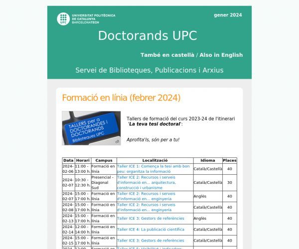 L'últim butlletí de doctorands del curs porta:
▪️ noves edicions dels tallers ICE
▪️ plans de gestió de dades de recerca
▪️ noves tarifes de préstec interbibliotecari, etc.

Català - bit.ly/4bk5wq3 

Castellà - bit.ly/3OnWRsV 

Anglès - bit.ly/48RJREf