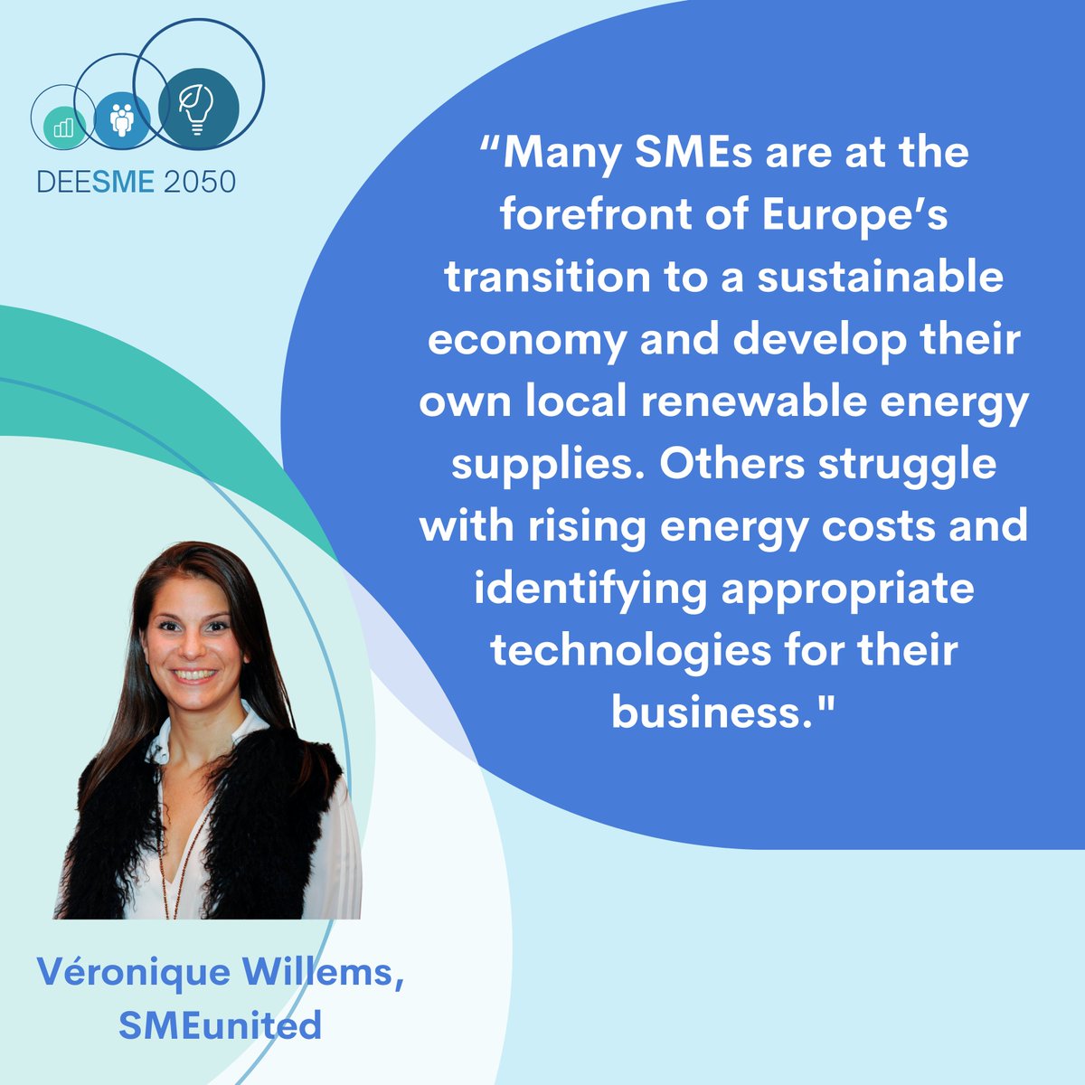 👋 Meet #DEESME2050's Advisory Board Members!

💙 We are grateful to have Véronique Willems from <a href="/SMEunited/">SMEunited</a>  on board! Véronique has great experience representing SMEs as Secretary General of SMEunited and the policies that impact them!

🔎Our project: lnkd.in/enCU5ksa