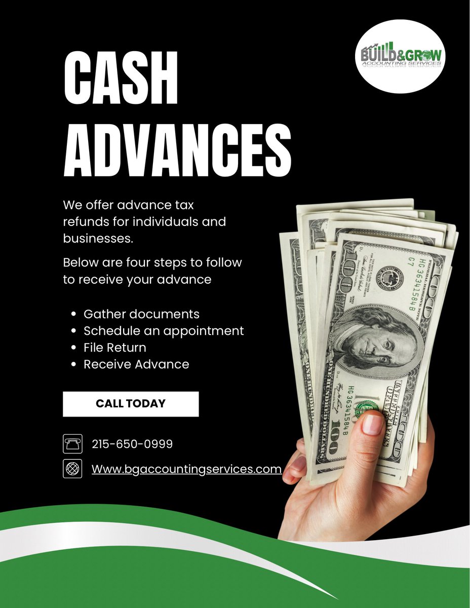Build_GrowAS's tweet photo. If you are receiving a federal refund of $500 or more you could be eligible for a Refund Advance!!! Get up to 6k today!!

“Build Different, Grow Together”

Schedule an appointment at:
🌐https://t.co/gcIoZwQ53a 
                   or 
     📞 215-650-0999

 #taxseason #taxrefund https://t.co/jp7RgeQZsD