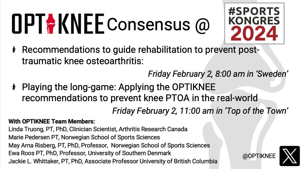 We are looking forward to sharing the #OPTIKNEE consensus with everyone @sportskongres #sportskongres2024 on Friday. If you want to explore the recommendations, publications or language translations in prep just follow this link bit.ly/OPTIKNEEconsen…