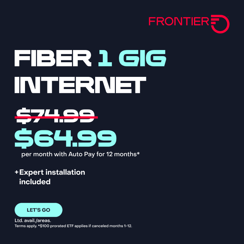 FrontierCorp's tweet photo. Enjoy speed and savings with Fiber 1 Gig Internet. Don't wait - order today!