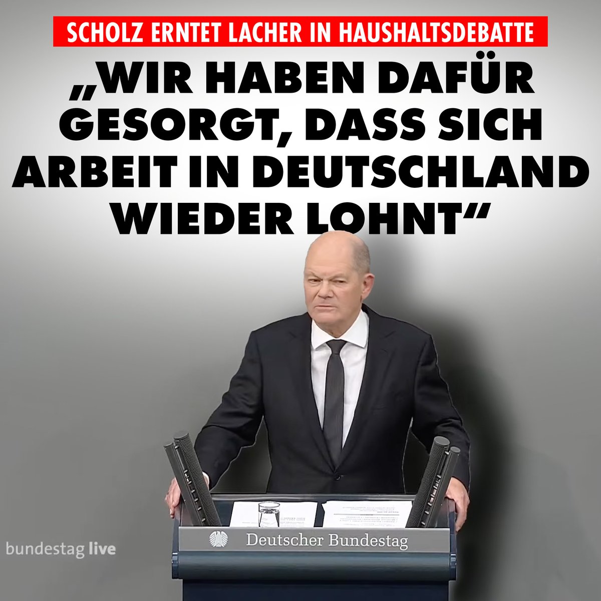 „Wir haben dafür gesorgt, dass sich Arbeit in Deutschland wieder lohnt“, erklärt Kanzler Olaf Scholz (SPD) im Bundestag. Als Lacher durchs Plenum hallen, fügt der Kanzler schnell hinzu: „Mit dem Mindestlohn“. nius.de/Politik/scholz…