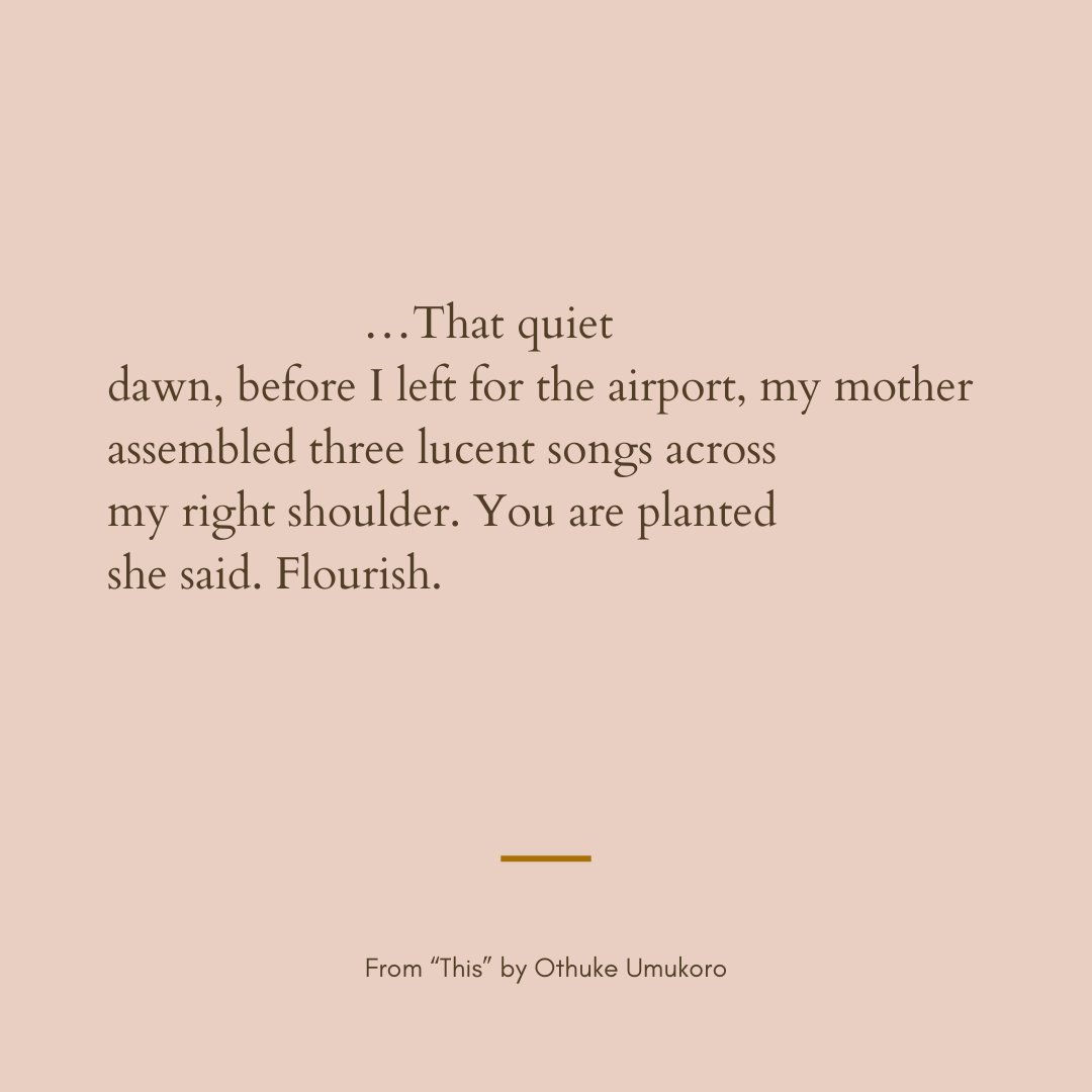 …That quiet dawn, before I left for the airport, my mother assembled three lucent songs across my right shoulder. You are planted she said. Flourish. —From 'This' by @Othuke__Umukoro, second-prize winner in our poetry contest. Full poem: bit.ly/473cQ6Y #poems #litmag