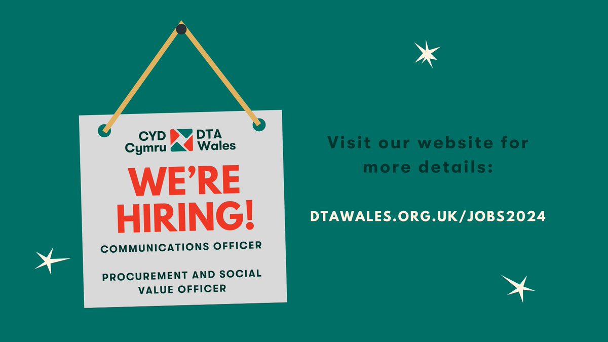 We're #hiring! We have two new opportunities to work with us at DTA Wales, helping us support #communities and #socialbusiness across #Wales. - dtawales.org.uk/jobs2024/ ✨ Please share with your contacts and networks ✨