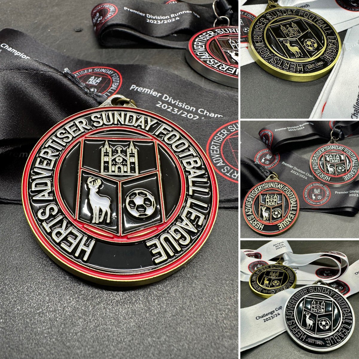 Our latest set of designed quality bespoke medals and ribbons. Supplied by us to our friends @hertsadsl Herts Advertiser Sunday Football League. 😊⚽️🥇