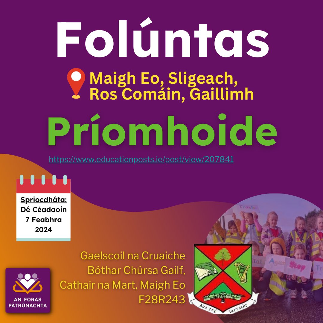 👩‍🏫FOLÚNTAS👨‍🏫 💼Príomhoide 🏫Gaelscoil na Cruaiche 📍Maigh Eo 🗓Dé Céadaoin, 5 MFeabhra 2024 foras.ie/foluntas-priom… @PEIG_ie @Gaeloid @EdPosts @cruaiche #SíogNabPost #Gaelscoil #Múinteoir #Folúntas