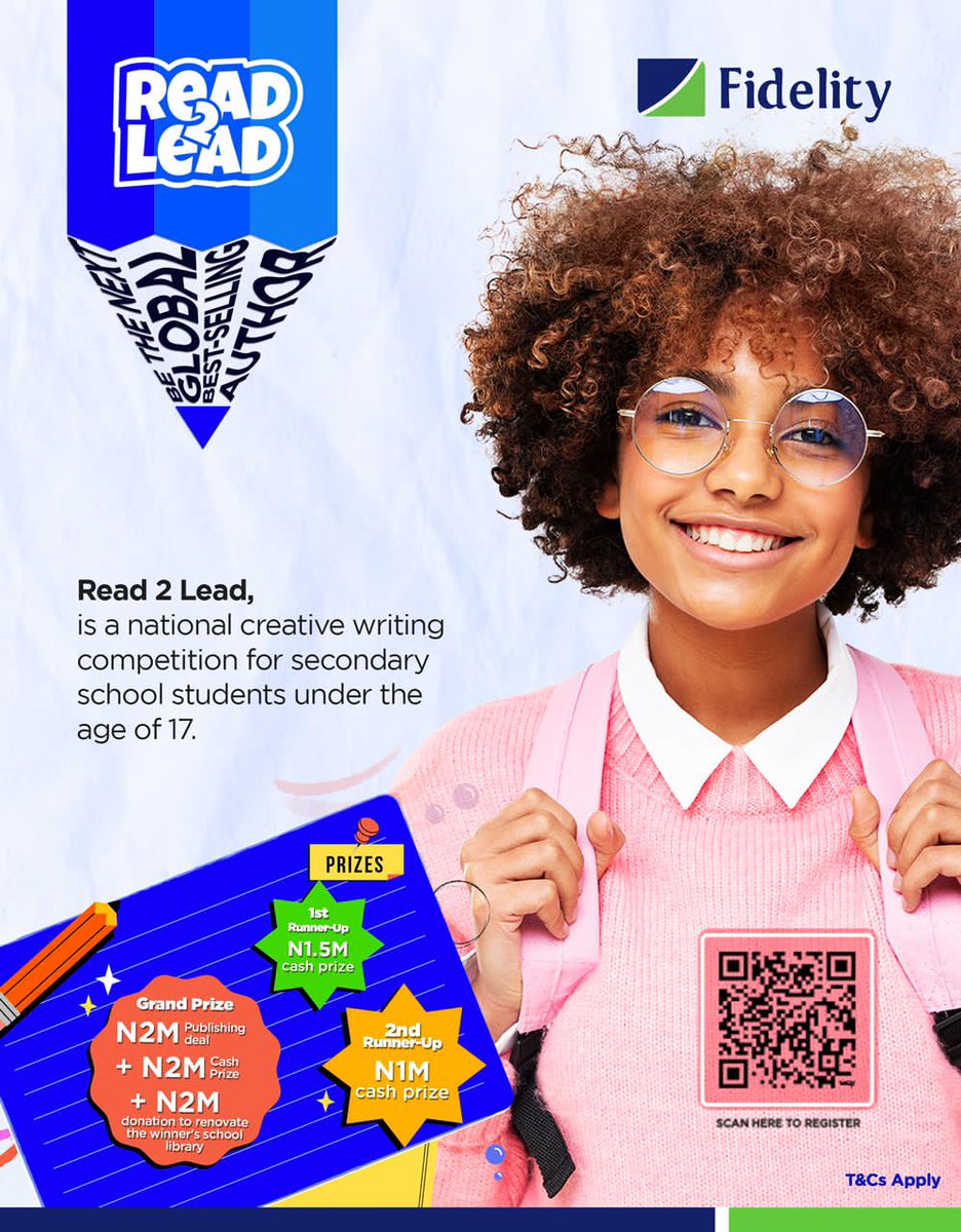 Your children can win N2m cash reward, a publishing deal, and other fantastic prizes. Register them for the Fidelity Bank's Read2Lead competition. It is open to Secondary School Students under the age of 17.

Visit fidelitybank.ng/readtolead to get started 

 #FidelityRead2Lead
