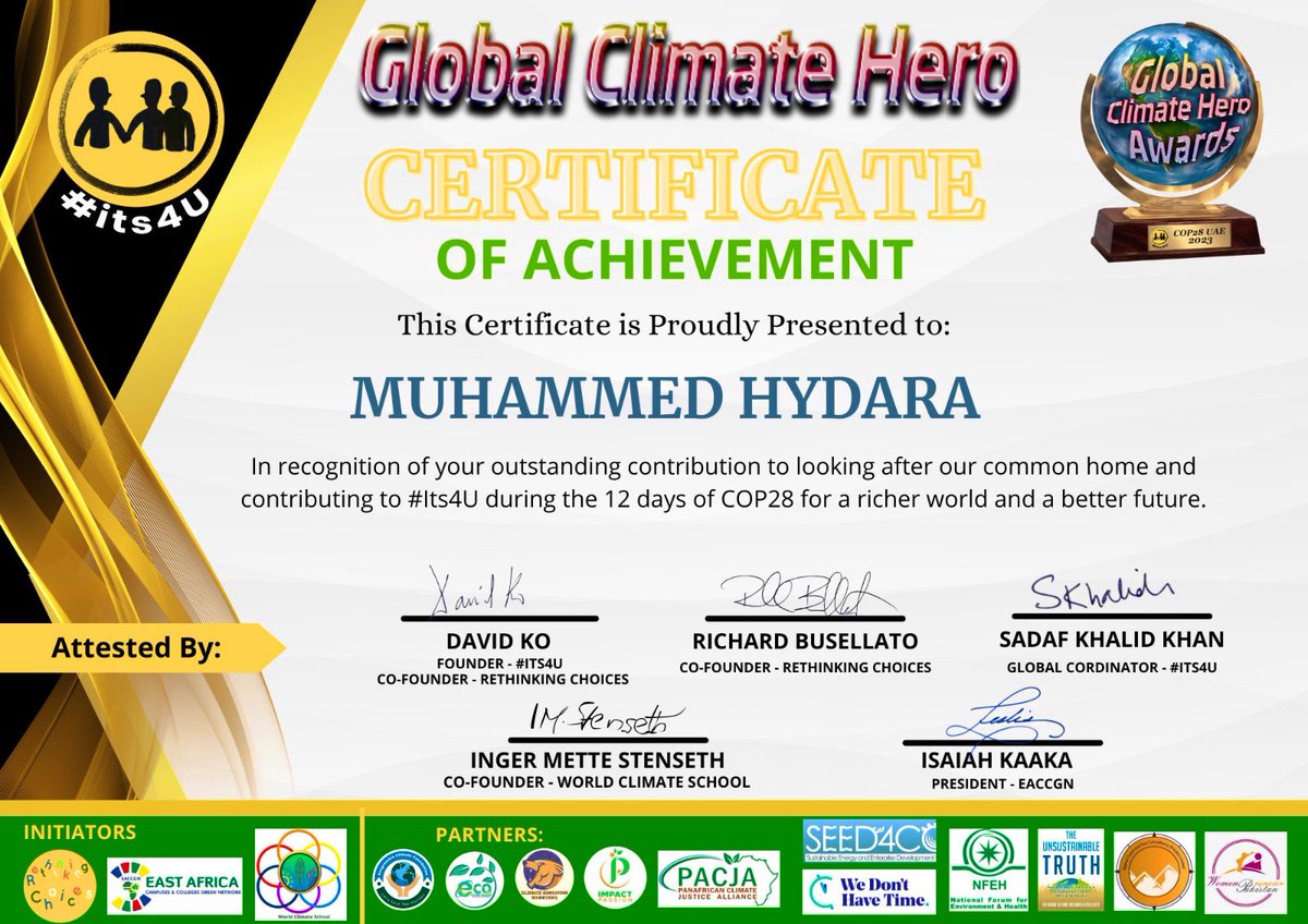 It is an honor to receive a Global Climate Hero certificate from my colleague in Kenya 🇰🇪. #YouthClimateAction #Its4U