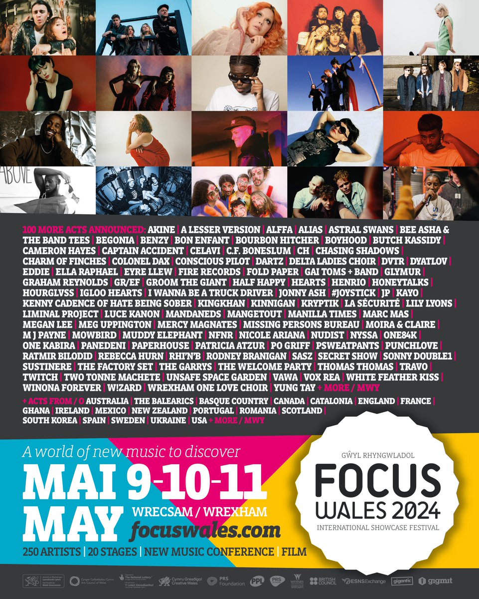 🎪 Announcing 100 new artists for the FOCUS Wales 2024 lineup! Artists from over 20 different countries will perform at FOCUS Wales in #Wrexham this May 🎫 Get tickets at focuswales.com
