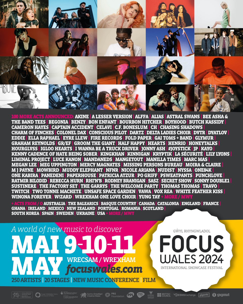 FocusWales's tweet photo. 🎪 Announcing 100 new artists for the FOCUS Wales 2024 lineup! Artists from over 20 different countries will perform at FOCUS Wales in #Wrexham this May 🎫 Get tickets at https://t.co/hYRWXCDGyD https://t.co/MXfrJzyytt