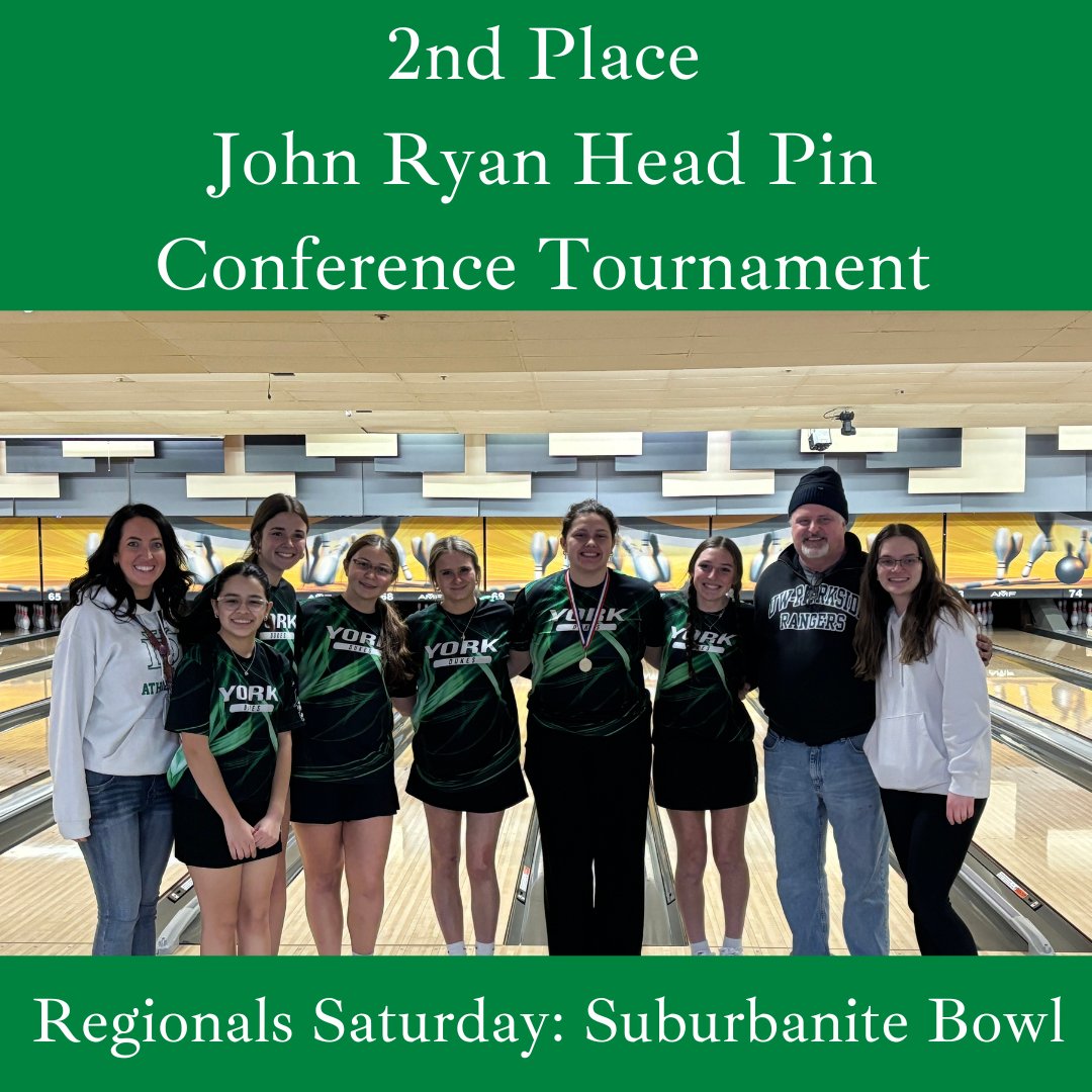 Dukes_Bowling's tweet photo. Congrats to the York Bowling Team for Finishing 2nd at the Conference Tournament! Bella Bjerkan was the high bowler for York with an 1184 series (197 avg for 6 games!). Julia Clink had a 233 game and Cailyn Ziola shot a career best 221. Regionals are Saturday! Let's Go Dukes! https://t.co/WVNQS0AJtV