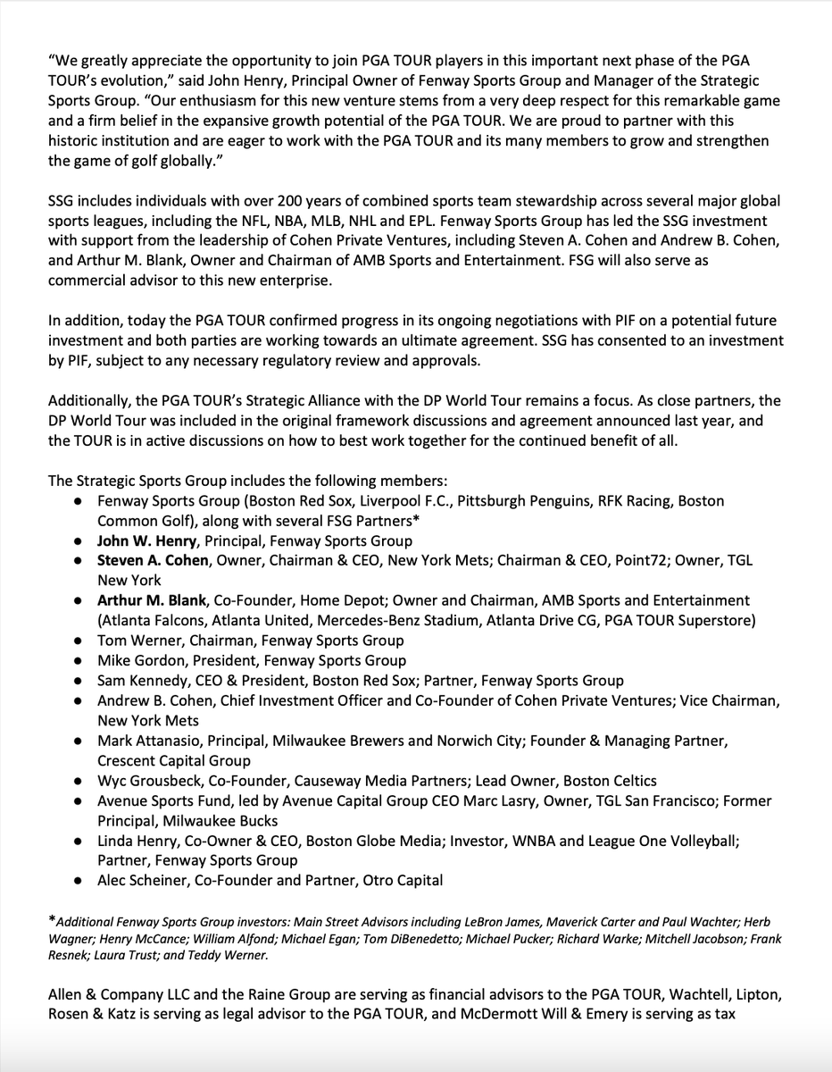 GabbyHerzig's tweet photo. Here’s the full three-page memo sent to PGA Tour players about the Strategic Sports Group deal on Wednesday a.m. 
- $3 billion total investment, led by Fenway Sports Group
- Initial $1.5 billion in equity opportunities for “nearly 200 PGA Tour members”
- Co-investment from Saudi PIF still on table