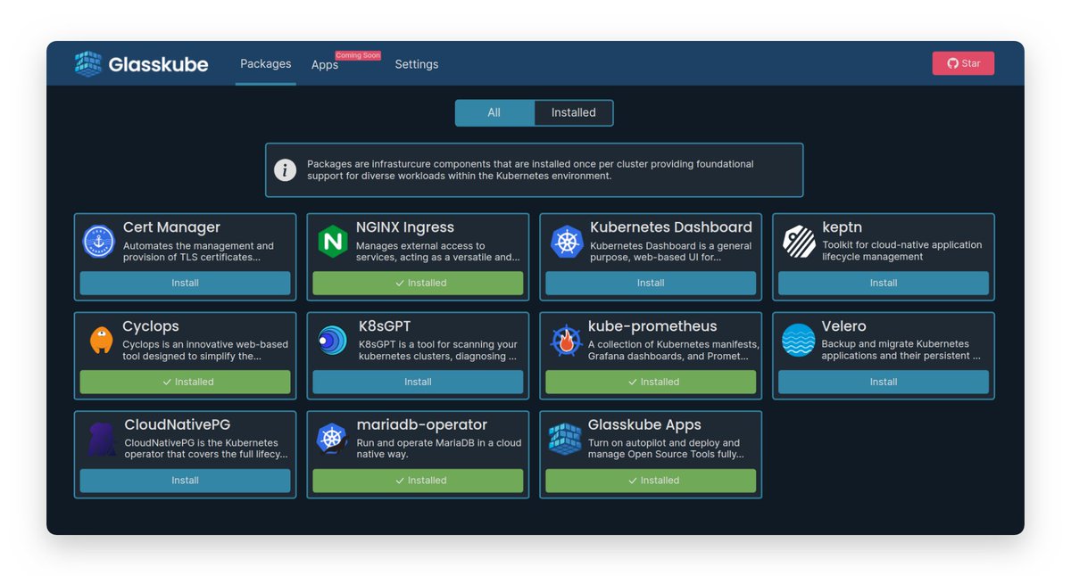 glasskube's tweet image. 🚀Launching glasskube.dev. The missing Open Source Package Manager for Kubernetes.📦
Featuring an easy-to-use GUI and CLI, dependency awareness, GitOps ready and automated updates via a central public package repository.
github.com/glasskube/glas…