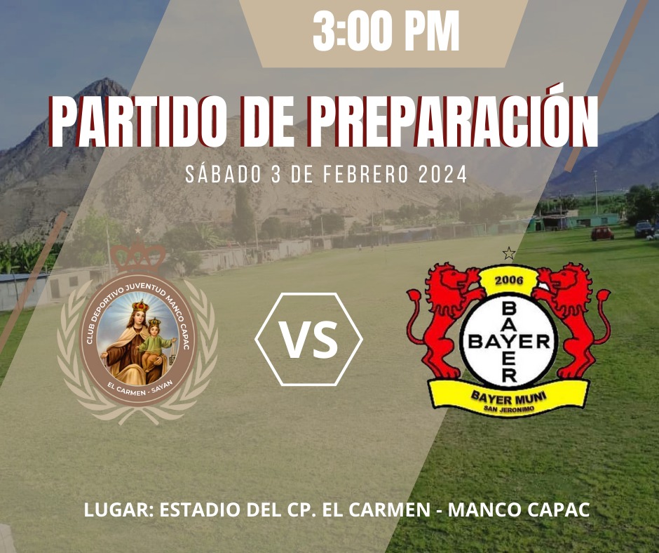 JuventudManCap's tweet photo. ¡Partido de preparación imperdible! 📅 3 de febrero, 3:00 pm en CP El Carmen - Manco Capac. ¡Ven y prueba para unirte al equipo #JuventudMancoCapac en la Liga Distrital de Sayán! ⚽️🔥 #Fútbol #LigaSayán https://t.co/zmleCfCGqP
