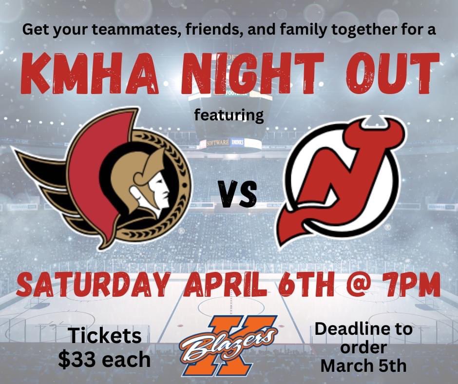 It’s back! Time to gather your teammates, family, and friends and get your ticket orders in for another fun KMHA night out to watch the Sens vs Devils on April 6th 🏒 

For more information or to place your ticket order please visit forms.gle/yTpBF3hsoXRTAi…
