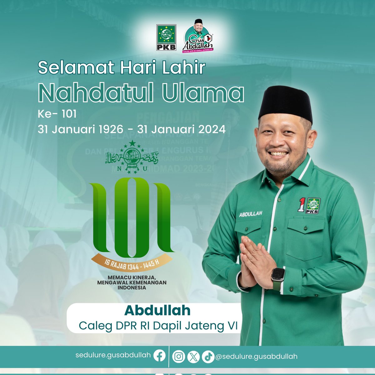 [Harlah NU]

Selamat hari lahir ke-101 Nahdlatul Ulama. Tetaplah menjadi organisasi Islam yang membersamai dan menjadi pilar strategis bangsa. Dengan spirit kemandirian NU untuk perdamaian dunia, termasuk Pemilu damai di Indonesia.
#harlahnu101 #harlahnu #pkb #gusabdullah #nu