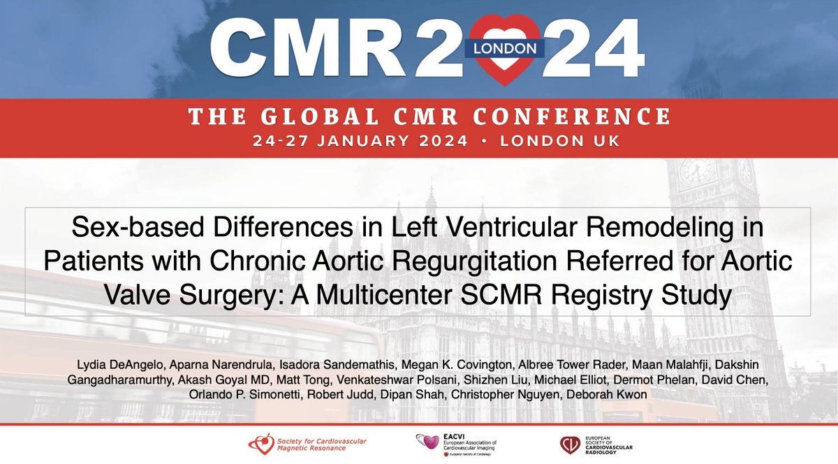 Just catching up from an amazing time at SCMR in London last week!! Our team, led by <a href="/DebbieKwonMD/">DebbieKwonMD</a>, presented two abstracts looking at sex differences in LV remodeling from chronic AR using the multi-center SCMR registry.

TLDR below ♂♀👇 #SCMR2024 1/