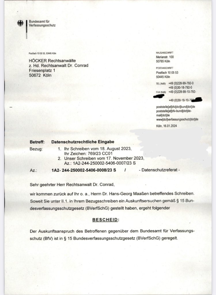 Die #Bundesregierung hat offenkundig Angst vor mir und der #WerteUnion, so dass sie mich durch den #Verfassungsschutz beobachten und verfolgen lässt. 

Die nachfolgende Auskunft des #BfV enthält keinerlei substantiierte Belege, die eine Beobachtung rechtfertigen.

Frau #Faeser!