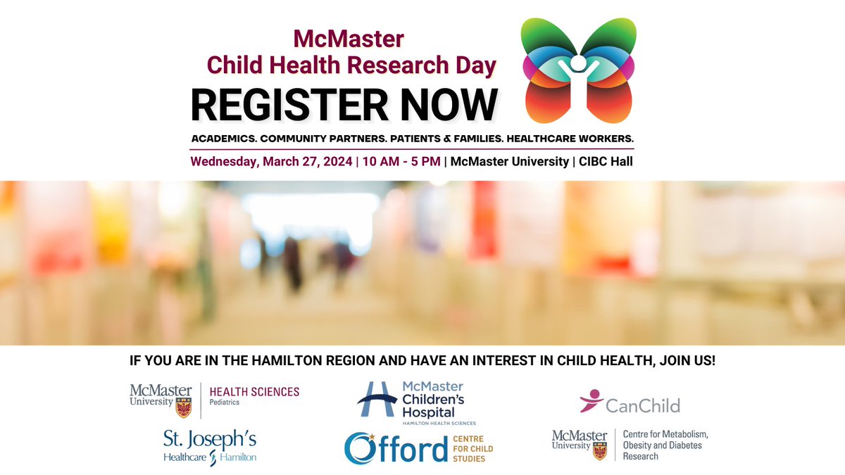 Are you an academic, community partner, or patient-family with an interest in #ChildHealth research? If so, join us on March 27th @McMasterU’s CIBC Hall for #MCHRD2024. Register now!⬇️ pediatrics.healthsci.mcmaster.ca/research/mcmas…