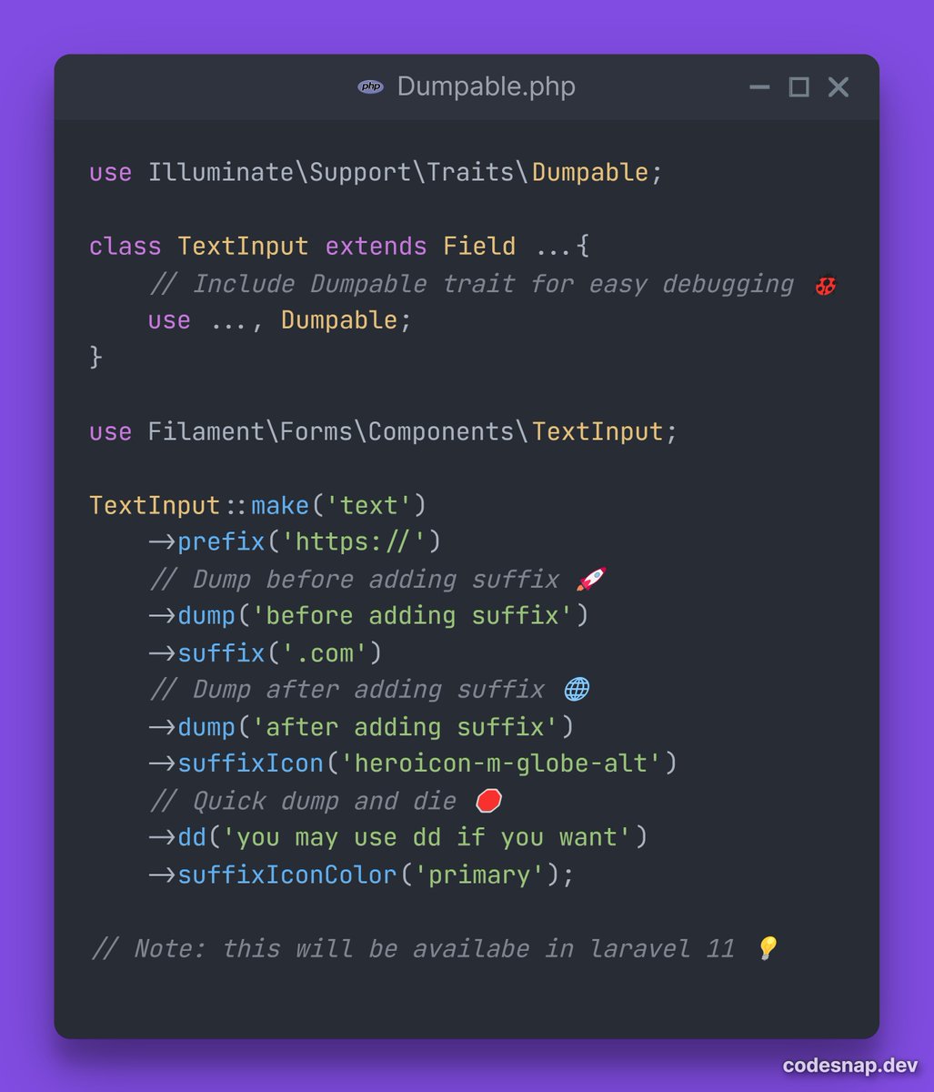 Punyapal Shah | Laravel Artisan | PHP Developer (@mrpunyapal) on Twitter photo π Big news for Laravel devs in #Laravel 11!
Say goodbye to scattered dump() and dd() methods. The Dumpable trait is here, offering a clean, reusable way for debugging across classes. π
Huge shoutout to <a href="/enunomaduro/">nuno maduro</a> for leveling up Laravel debugging! π
#Laravel11 #PHP π Big news for Laravel devs in #Laravel 11!
Say goodbye to scattered dump() and dd() methods. The Dumpable trait is here, offering a clean, reusable way for debugging across classes. π
Huge shoutout to <a href="/enunomaduro/">nuno maduro</a> for leveling up Laravel debugging! π
#Laravel11 #PHP