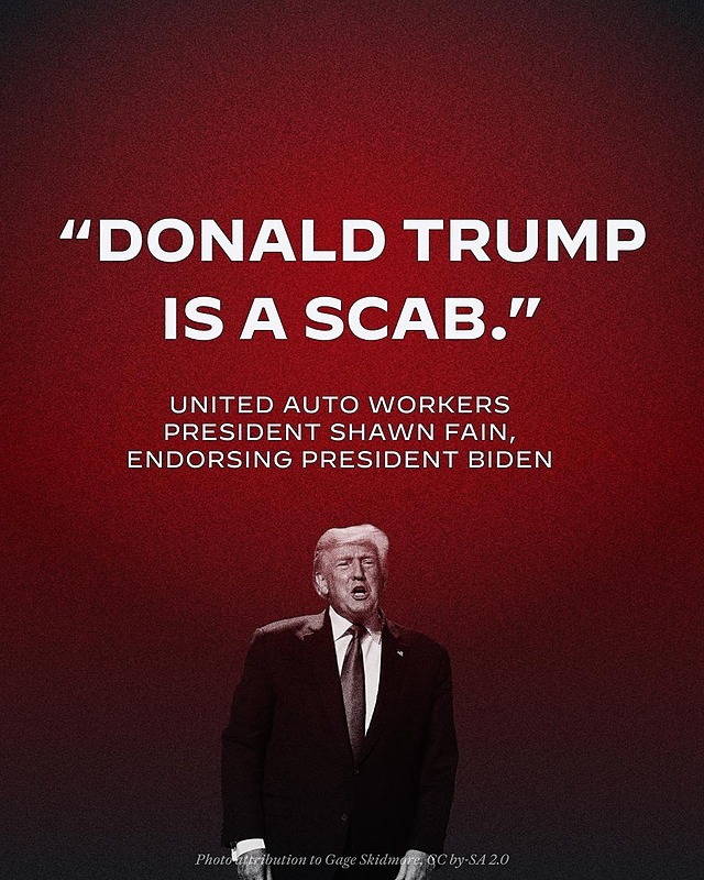 FeistyLibLady's tweet photo. UAW President Shawn Fain is absolutely correct.
Donald Trump is anti-union and anti-worker.
Donald Trump is a scab.
But Trump is even worse than that.
Trump is anti-America and anti-Democracy.
Joe Biden loves workers in America. He stood on the picket line with the UAW.
Joe Biden loves America and Democracy.
Let's not make the mistake of voting for a scab in 2024.
#BidenHarris4More
#UnionsForAll
#FreshResists