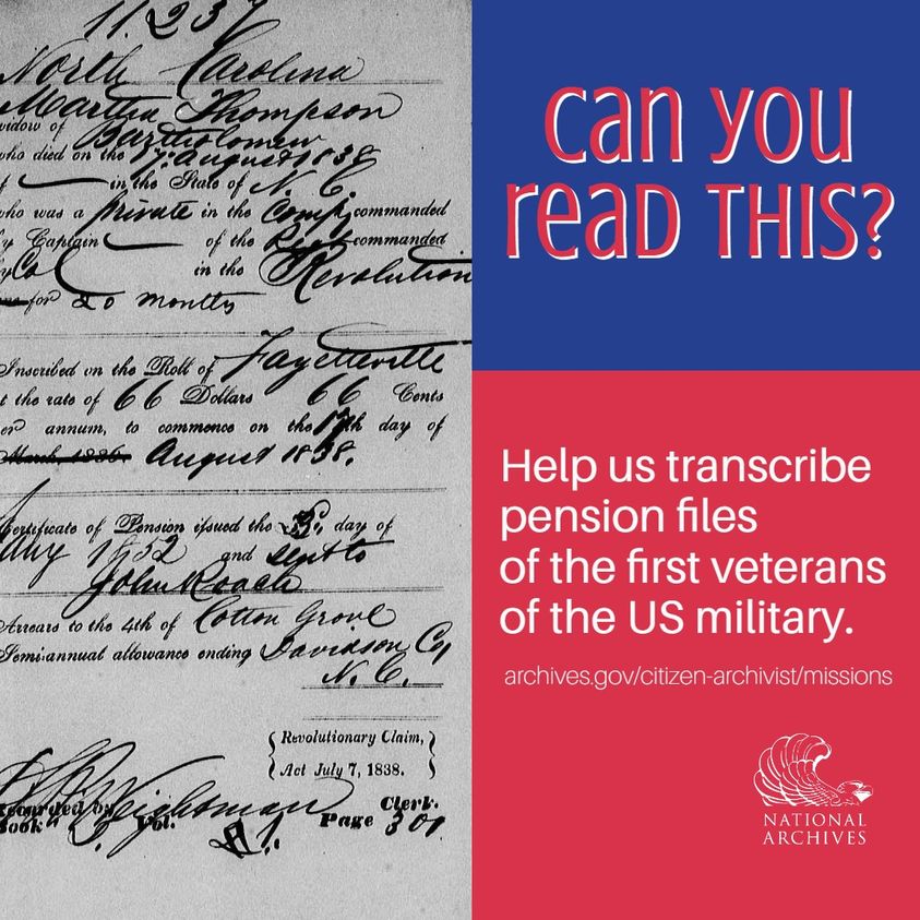 The National Archives and the National Park Service (<a href="/NatlParkService/">National Park Service</a>) are collaborating on a special project to transcribe the Revolutionary War pension files. Join in!

archives.gov/citizen-archiv…

#RevWarVets #ReadingCursiveIsASuperpower