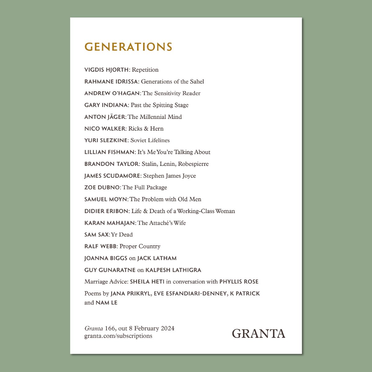 We are delighted to announce the contributors to the latest edition of Granta. From the public pools of New York to Niamey in the 1960s, a carol concert in Oslo to working-class Reims, Granta 166 reflects on a much derided yet indispensable topic: Generations.