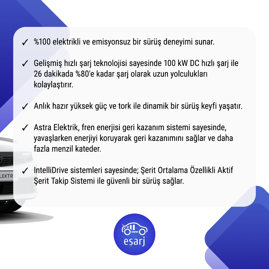 esarj_com's tweet photo. 🌿Doğayı şarj eden araçları neden mi tercih ediyoruz?
🔹%100 elektrikli Opel Astra Elektrik; emisyonsuz sürüş teknolojisi, cesur ve yalın tasarımıyla kalabalıklardan sıyrılmanızı sağlar.

#Eşarj #elektrikliaraç #emobilite #sıfıremisyon #temizçevre  #Opel #AstraElektrik https://t.co/NWECFh35G1