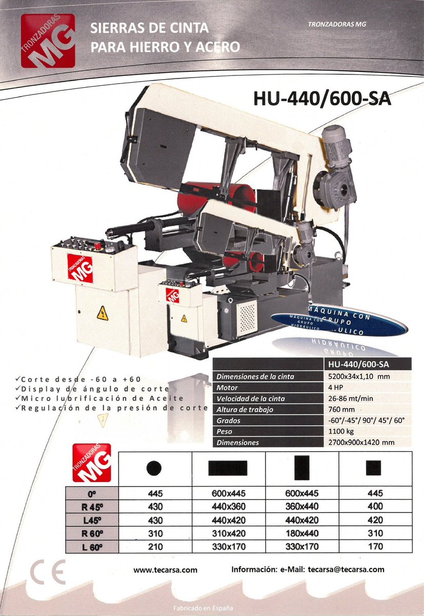 tecarsa3's tweet photo. Sierra de cinta hidráulica para corte en grados de hierro y acero, semiautomática. Máxima capacidad 600x445 a 0° https://t.co/qWI92llagt