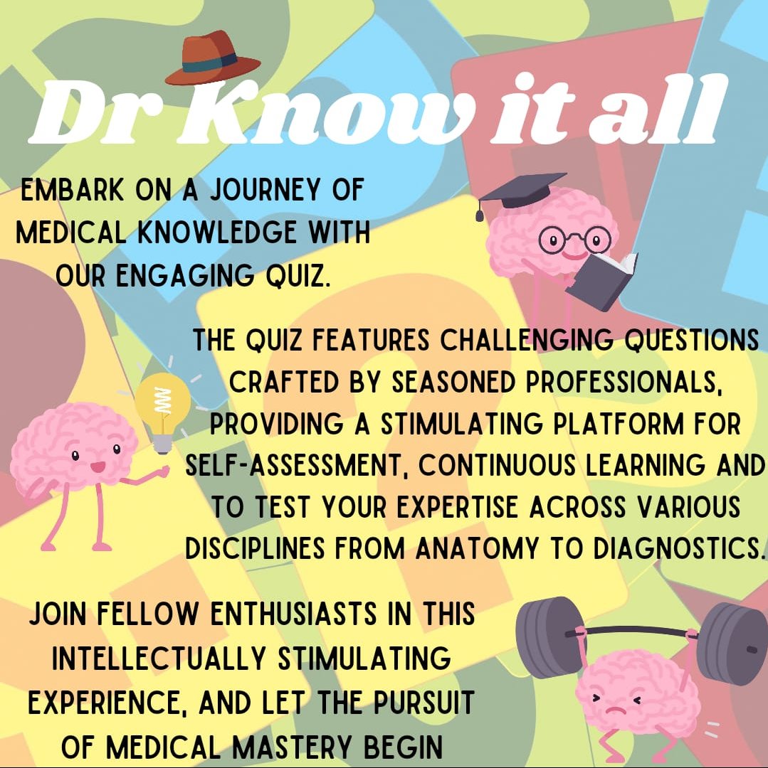 MOcmcl_24's tweet photo. Dr KNOW IT ALL

For all the medical enthusiasts,
a stimulating platform for self assessment and to answer the challenging questions crafted by seasoned professionals ranging from anatomy to diagnosis

#JWCMEDICALOLYMPICSCMCL
#TogetherForChange #climateandhealth #MedTwitter https://t.co/J472X0HmNc