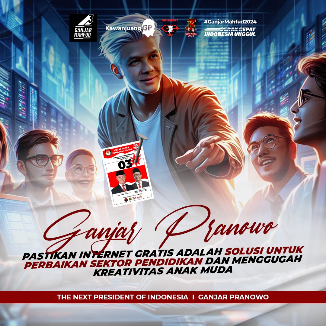 Ganjar Pranowo pastikan internet gratis adalah solusi untuk perbaikan sektor pendidikan dan menggugah kreativitas anak muda. 
#GanjarCiptakanKeadilan