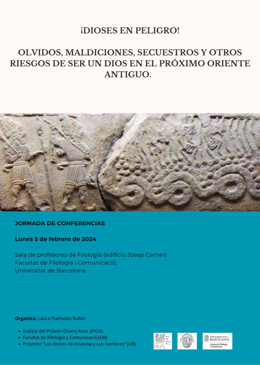 IPOAUB's tweet photo. Dilluns 5 de febrer

"Dioses en peligro
Olvidos, maldiciones, secuestros, riesgos de ser un dios en el Próximo Oriente Antiguo"

Sala de professors.
Facultat de Filologia i Comunicació.
Aribau 2 Barcelona.

Us hi esperem! https://t.co/tp3wXhxagJ