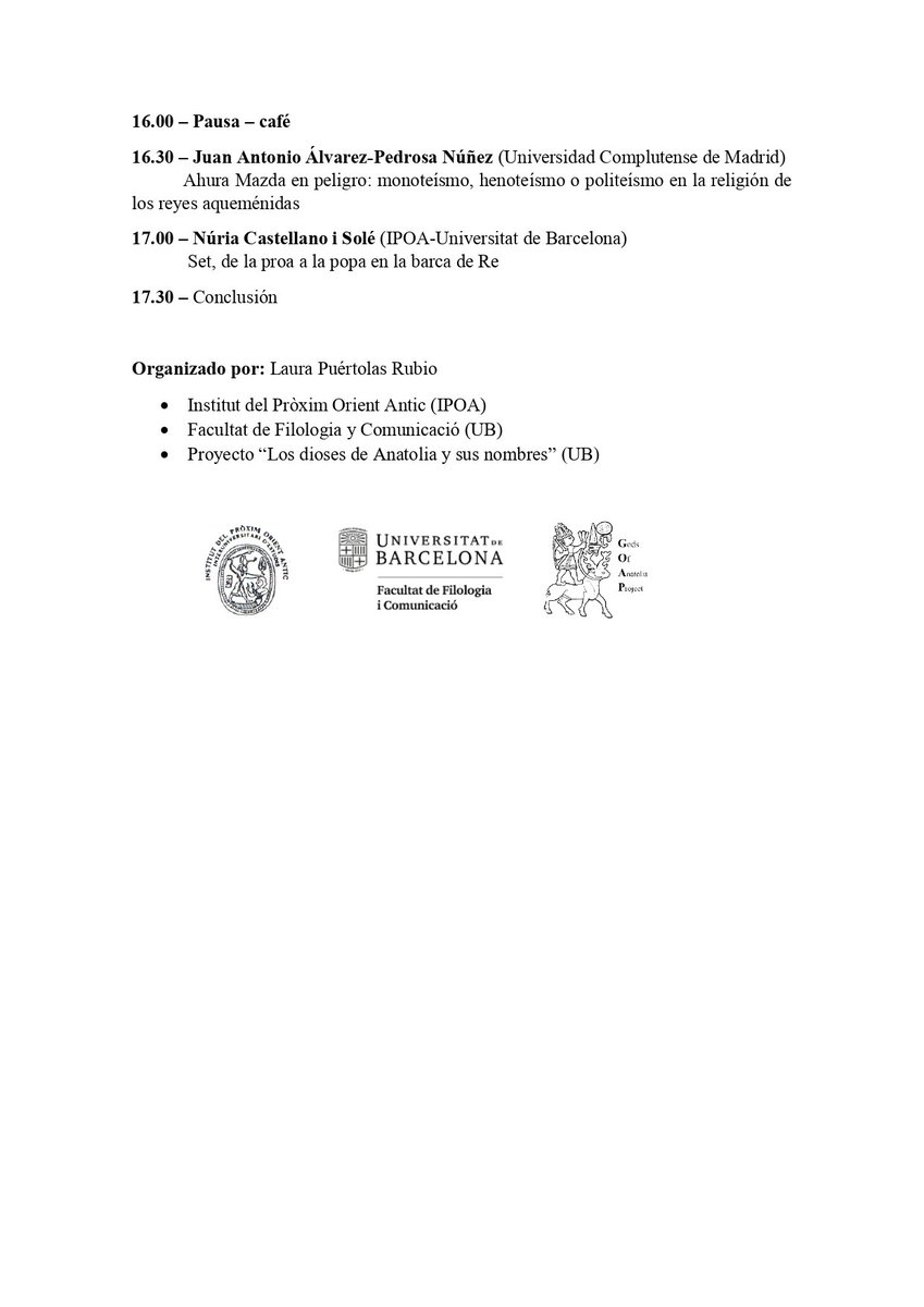 IPOAUB's tweet photo. Dilluns 5 de febrer

"Dioses en peligro
Olvidos, maldiciones, secuestros, riesgos de ser un dios en el Próximo Oriente Antiguo"

Sala de professors.
Facultat de Filologia i Comunicació.
Aribau 2 Barcelona.

Us hi esperem! https://t.co/tp3wXhxagJ