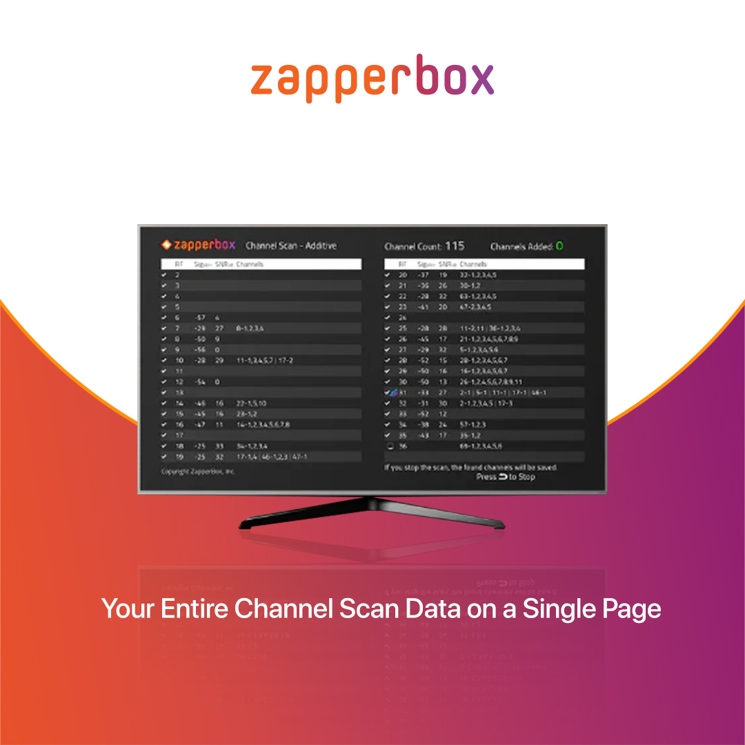 Say goodbye to confusing channel scans! See all the channels, signal strength, and SNR for all RF bands on a single screen. Get the TV you love, just the way you want it. Learn more about ZapperBox features: zurl.co/Aljh #ZapperBox #TVFeatures