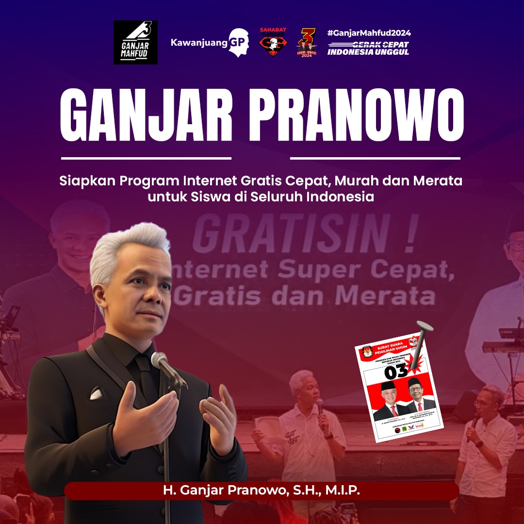 Ganjar Pranowo siapkan program internet gratis cepat murah dan merata untuk siswa di seluruh Indonesia. 
#GanjarCiptakanKeadilan